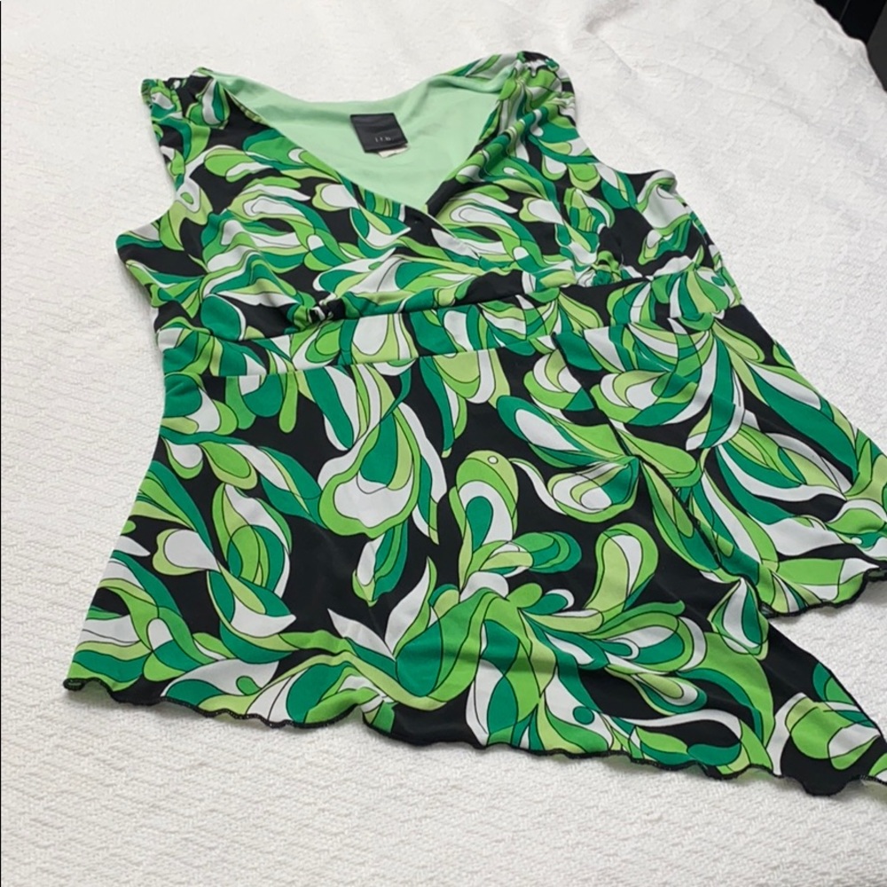 Green, black,white, v neck ladies blouse.